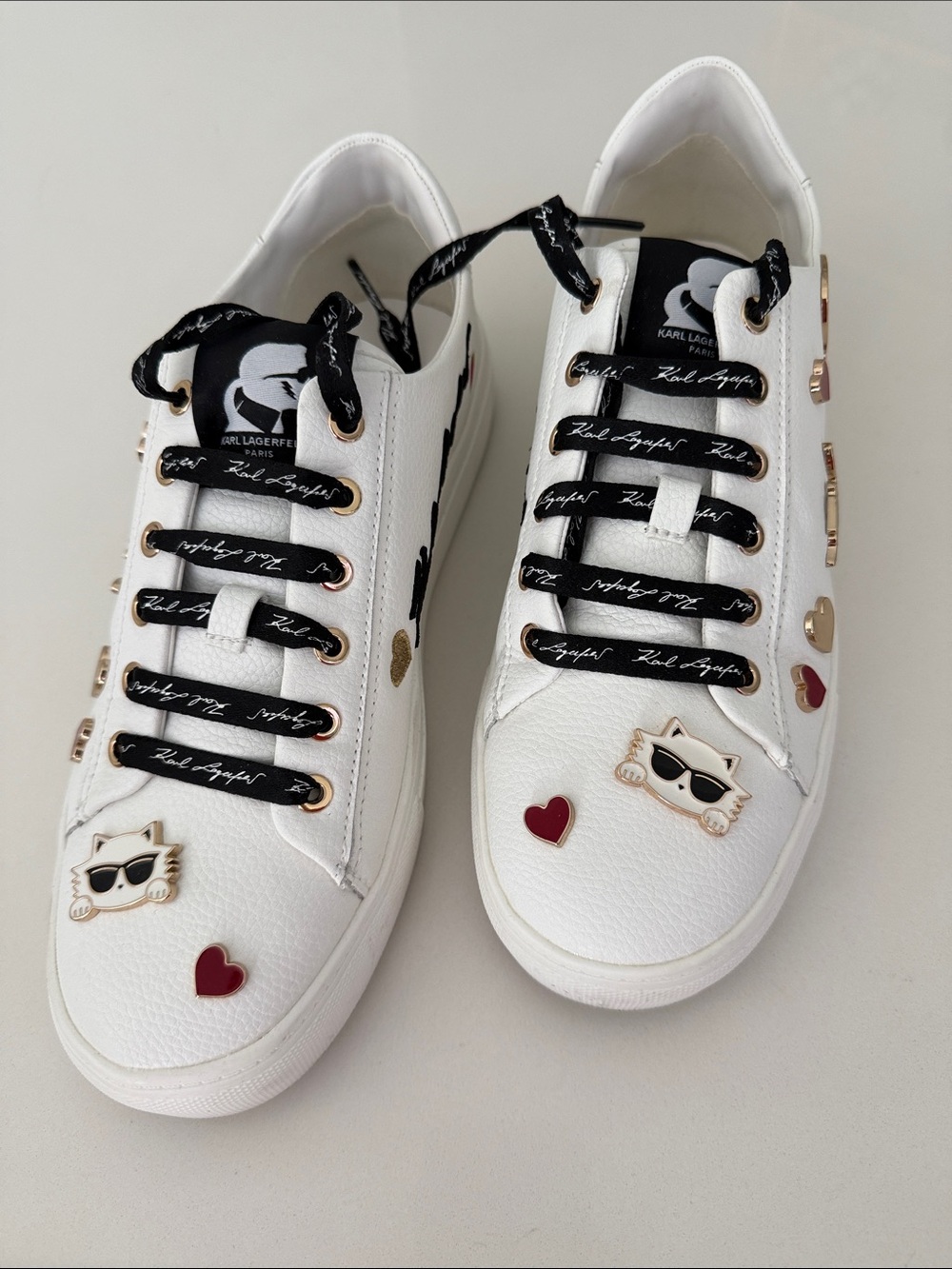 Karl Lagerfeld White Sneakers with Black Laces and Red Heart Accents